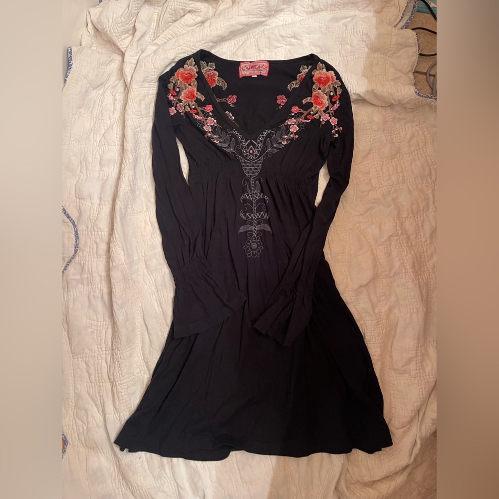Johnny Was Los Angeles Black Floral Cherry Blossom Embroidered Dress